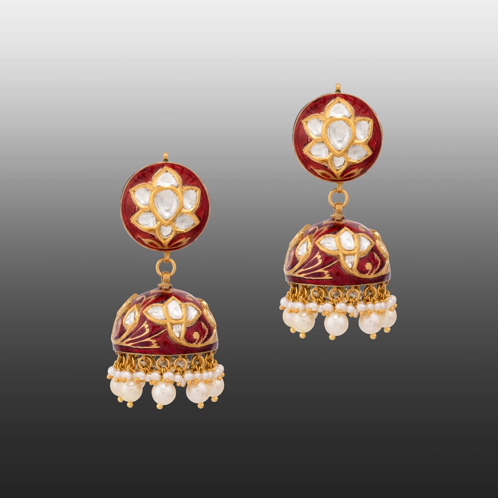 Floral Polki Jhumki with Red Enamel and Pearl Drops